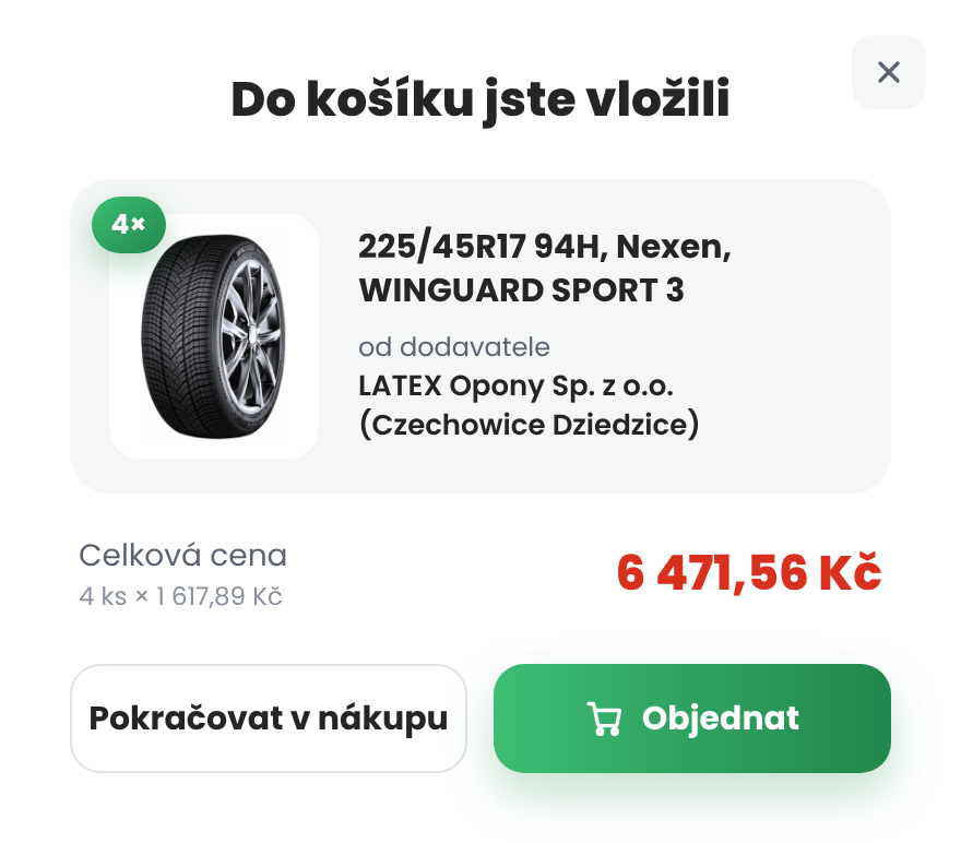 Potvrzení vložení do košíku v portálu PneuB2B
